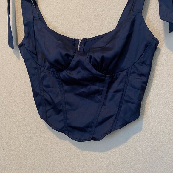 Navy Blue Satin Corset Crop Top‎ with Tie Straps – Size Medium - Picture 2 of 3